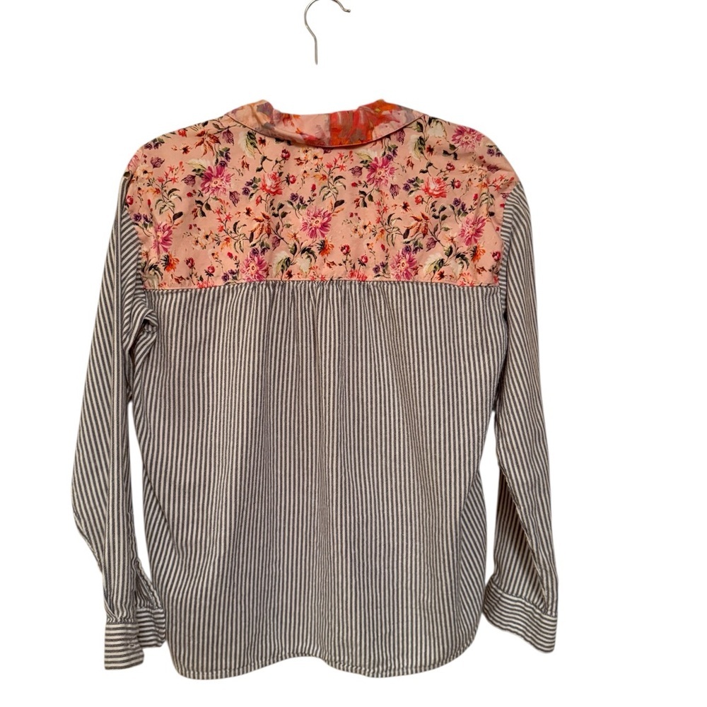 Maeve Pink Floral and Gray Striped Button Down Shirt - Picture 3 of 5